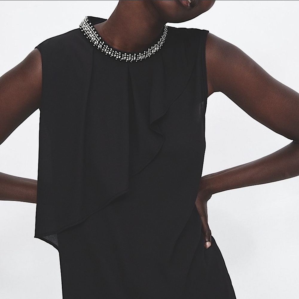 📦 Zara Beaded Collar Ruffle Front Tiered Neck Audrey Hepburn Tank Top